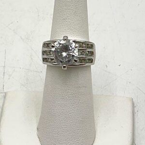 Silver Tone 3ct Round Solitaire Rhinestone Side Baguettes Ring Size 6